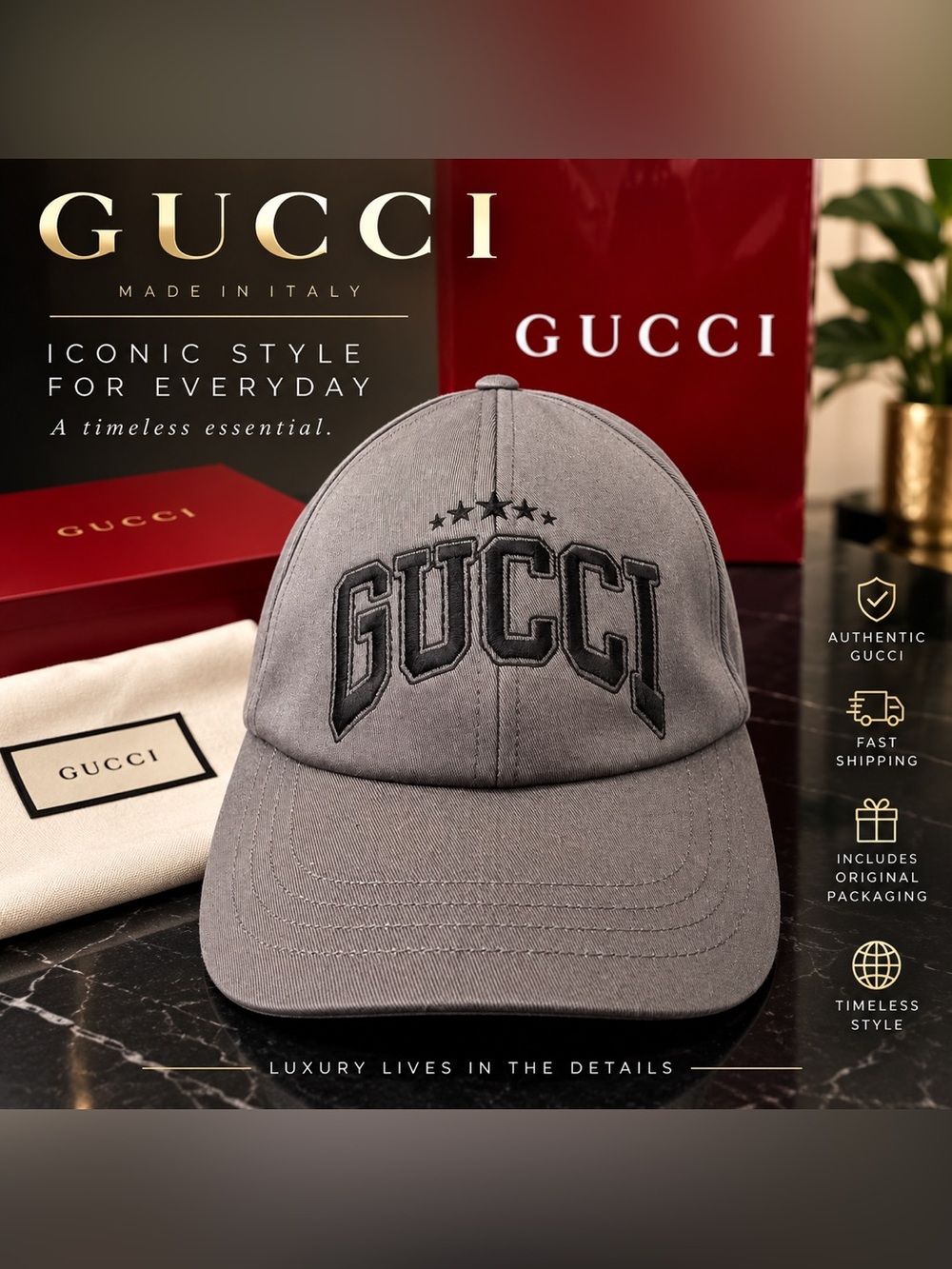 Gucci Gray Embroidered Logo Baseball Cap with Stars